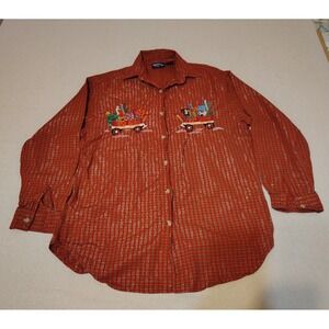 Grannycore Red Plaid Shirt Women's Small Embroidered Wagon Christmas Tree OO‎